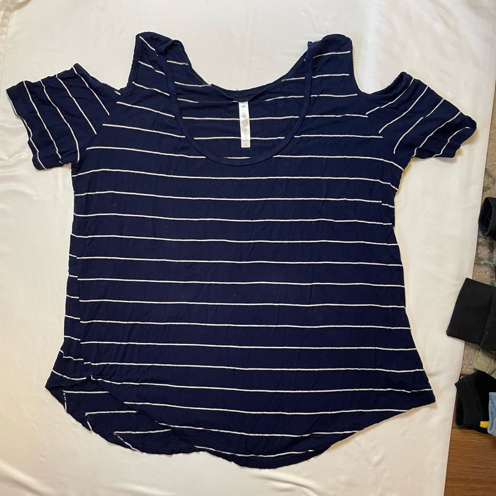 Love Charm size XL navy blue and whites striped open shoulder blouse